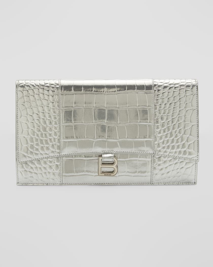 Balenciaga Hourglass Metallic Croc-Embossed Clutch Bag | Marcus