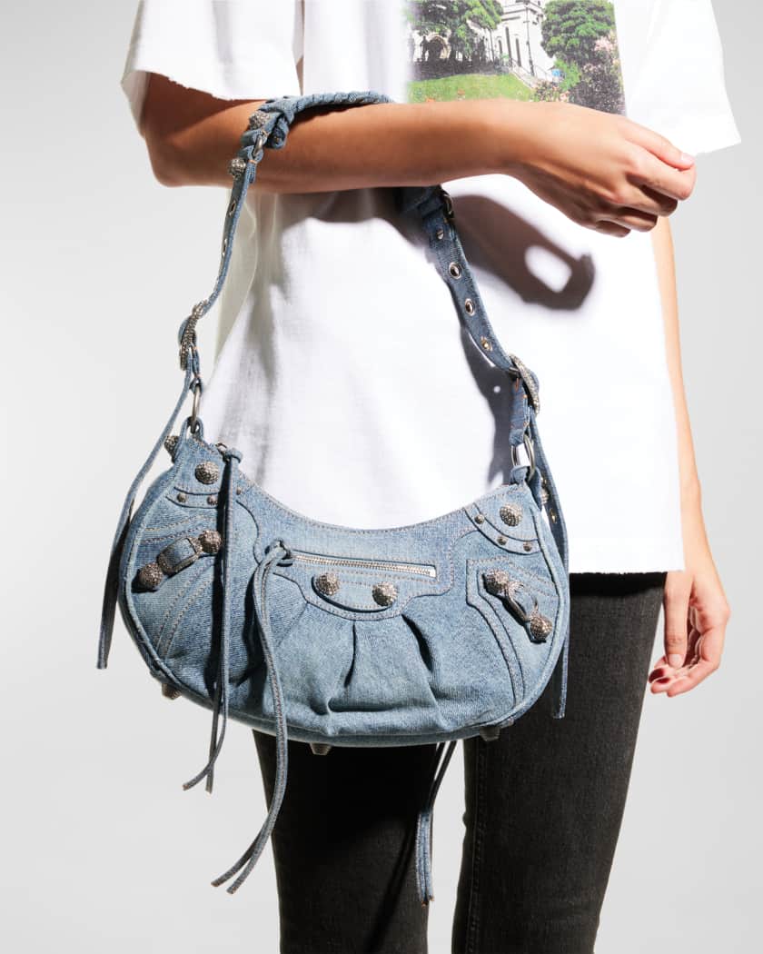 Le Cagole Small Denim Shoulder Bag with Rhinestones