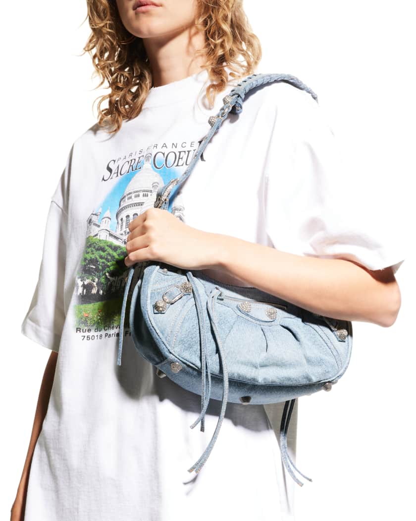 Le Cagole Small Denim Shoulder Bag with Rhinestones