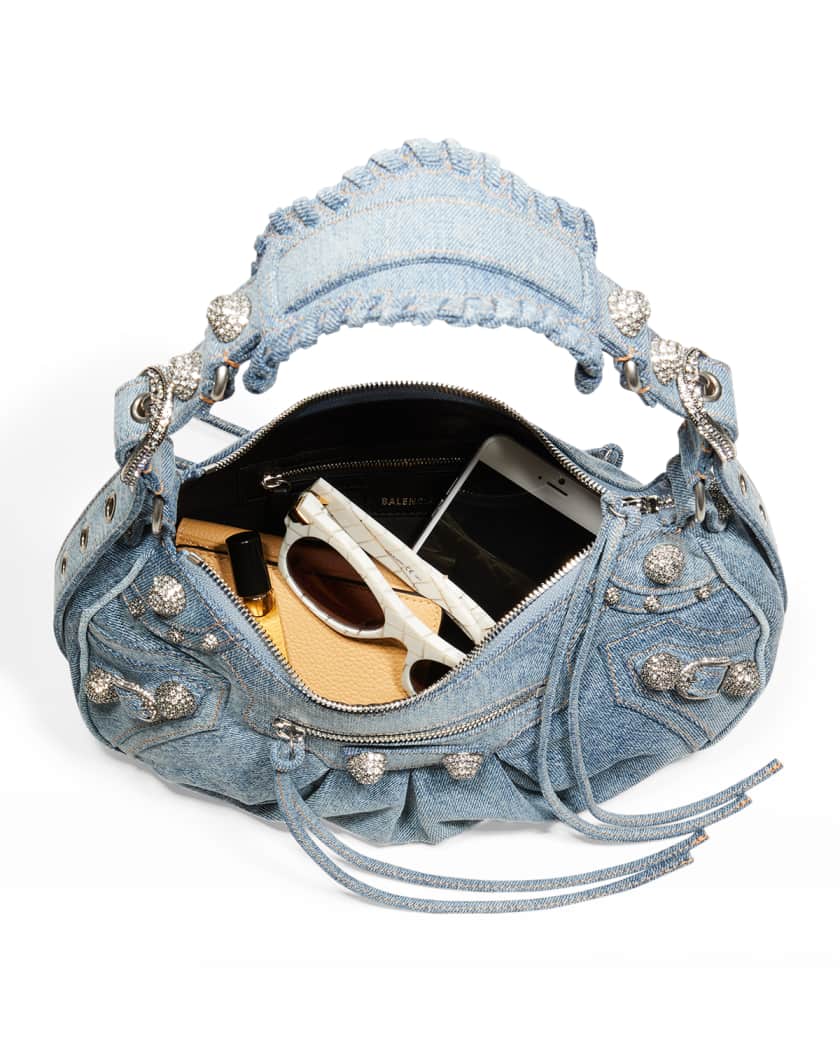 Le Cagole Small Denim Shoulder Bag with Rhinestones