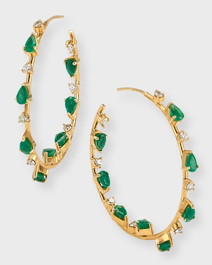 14K Yellow Gold Emerald and Diamond Hoop Earrings