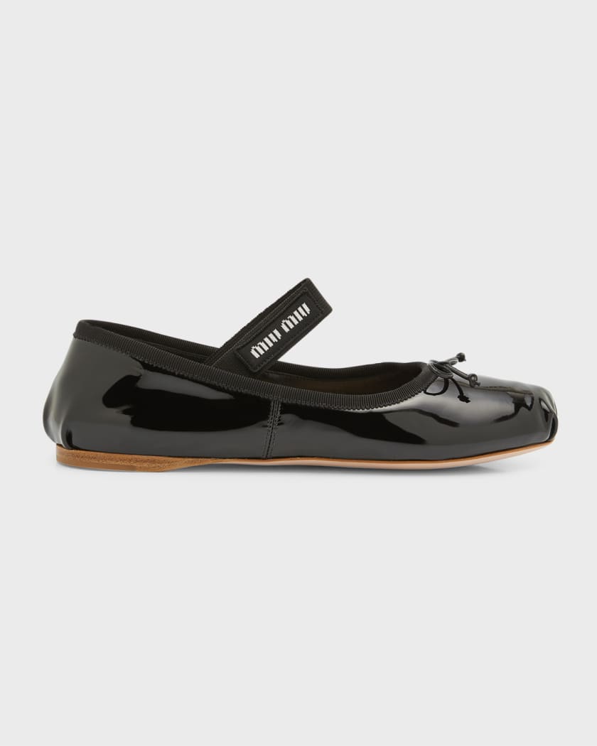 Black Ribbon-strap buckled patent-leather ballet flats, Miu Miu