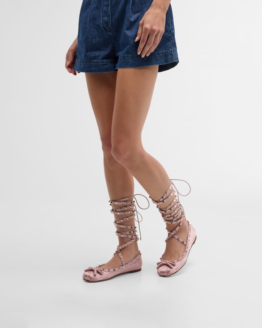 Valentino Garavani Rockstud Satin Gladiator Ballerina Flats