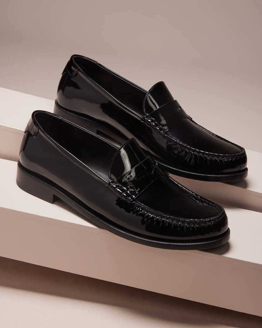 Black Patent Leather Penny Loafers for Men by