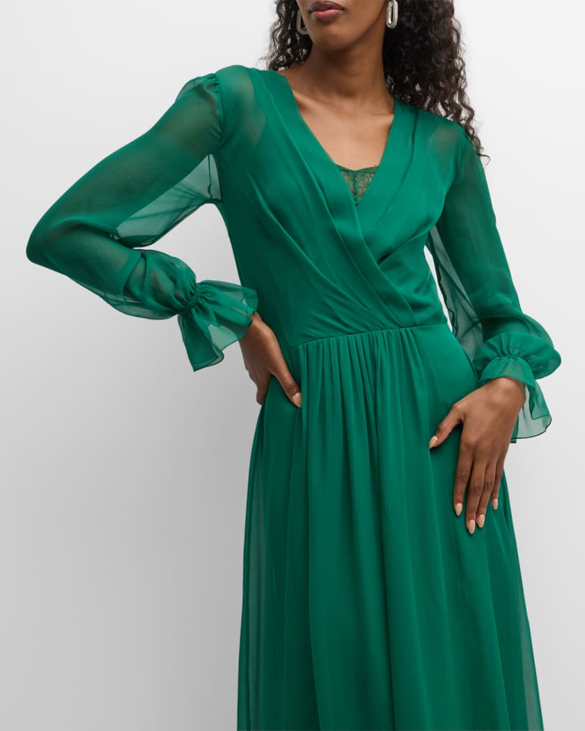 Alberta Ferretti Surplice Neck Long Sleeve Organic Chiffon Gown