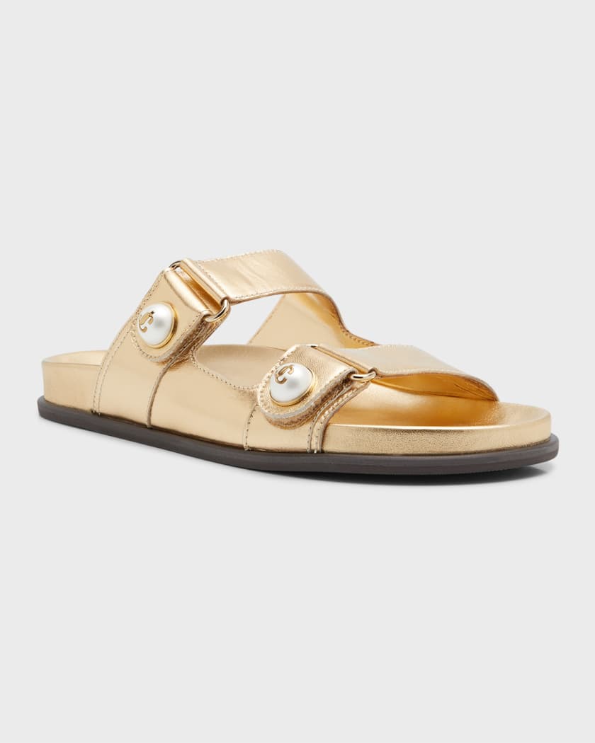 Fayence Metallic Pearly-Button Slide Sandals