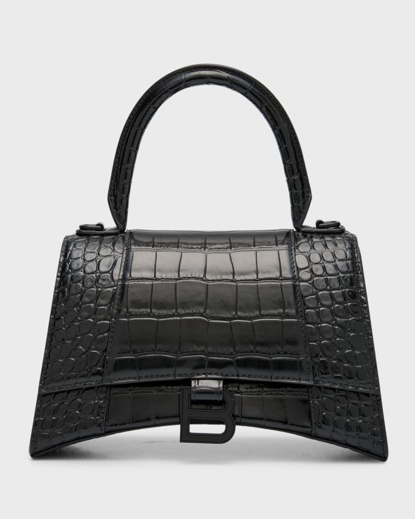 Balenciaga Hourglass Small Shiny Croc-Embossed Top-Handle Bag