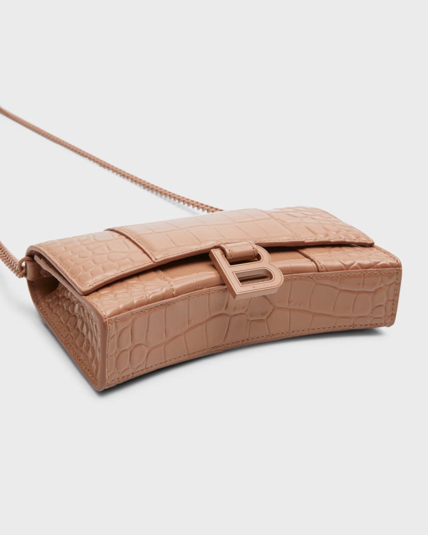 Balenciaga Hourglass Crocodile Embossed Leather Chain Shoulder Bag Light Brown