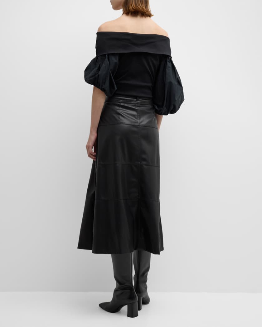 Hudson Faux Leather Belted Tiered Seam Midi Skirt