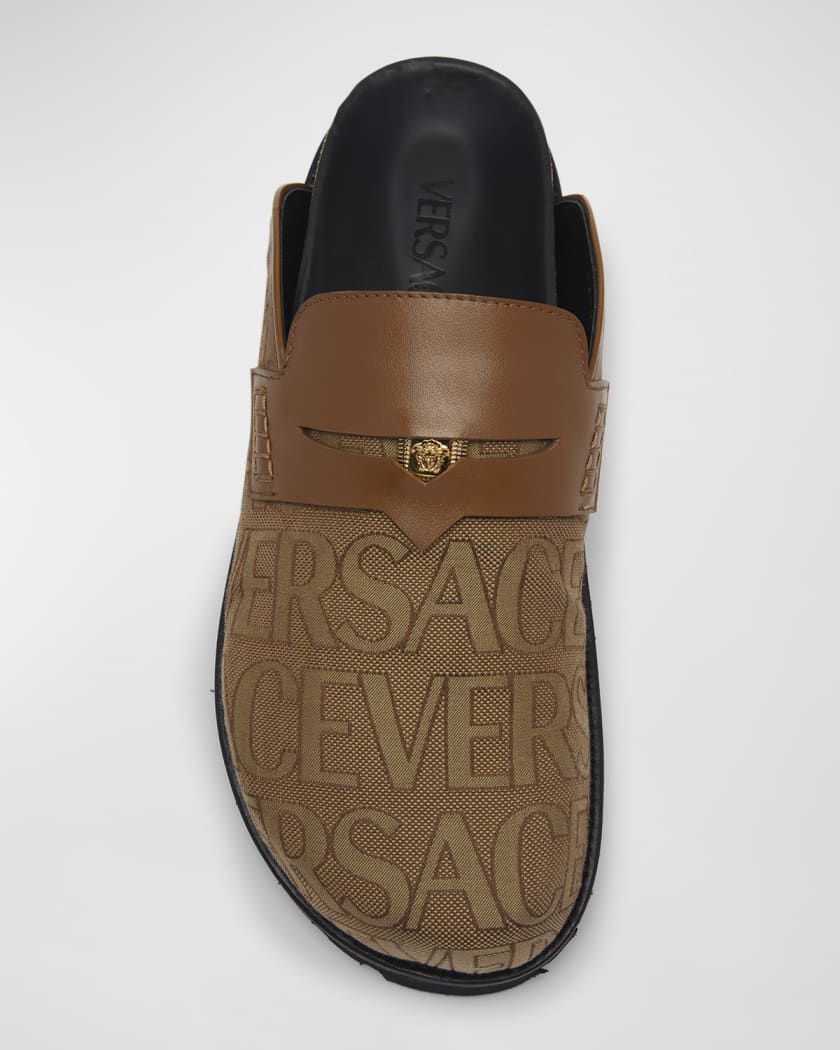 Versace Men's Jacquard Logo Medusa Mules | Neiman Marcus