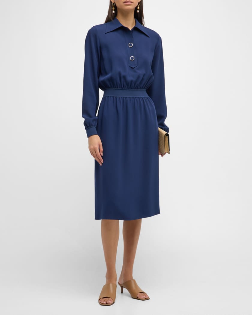 Gathered Waist Blouson Sleeve Midi Dress