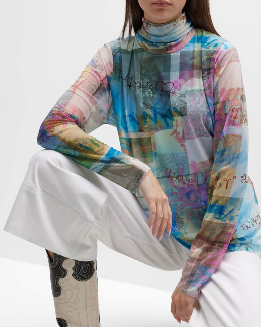 Ganni Printed Mesh Long-Sleeve Rollneck Top | Neiman Marcus