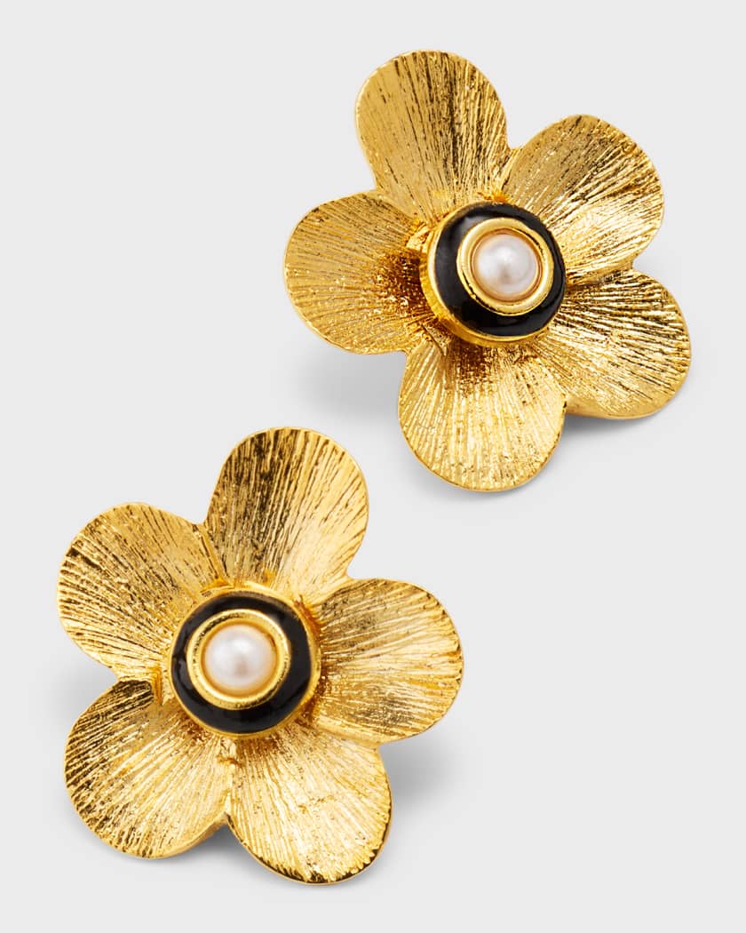 Kenneth Jay Lane Gold Flower Pearl Center Earrings