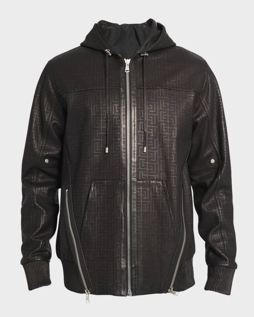 Balmain Men's Monogram Leather Full-Zip Hooded Jacket, Black, Men's, 40R, Coats Jackets & Outerwear Leather Jackets