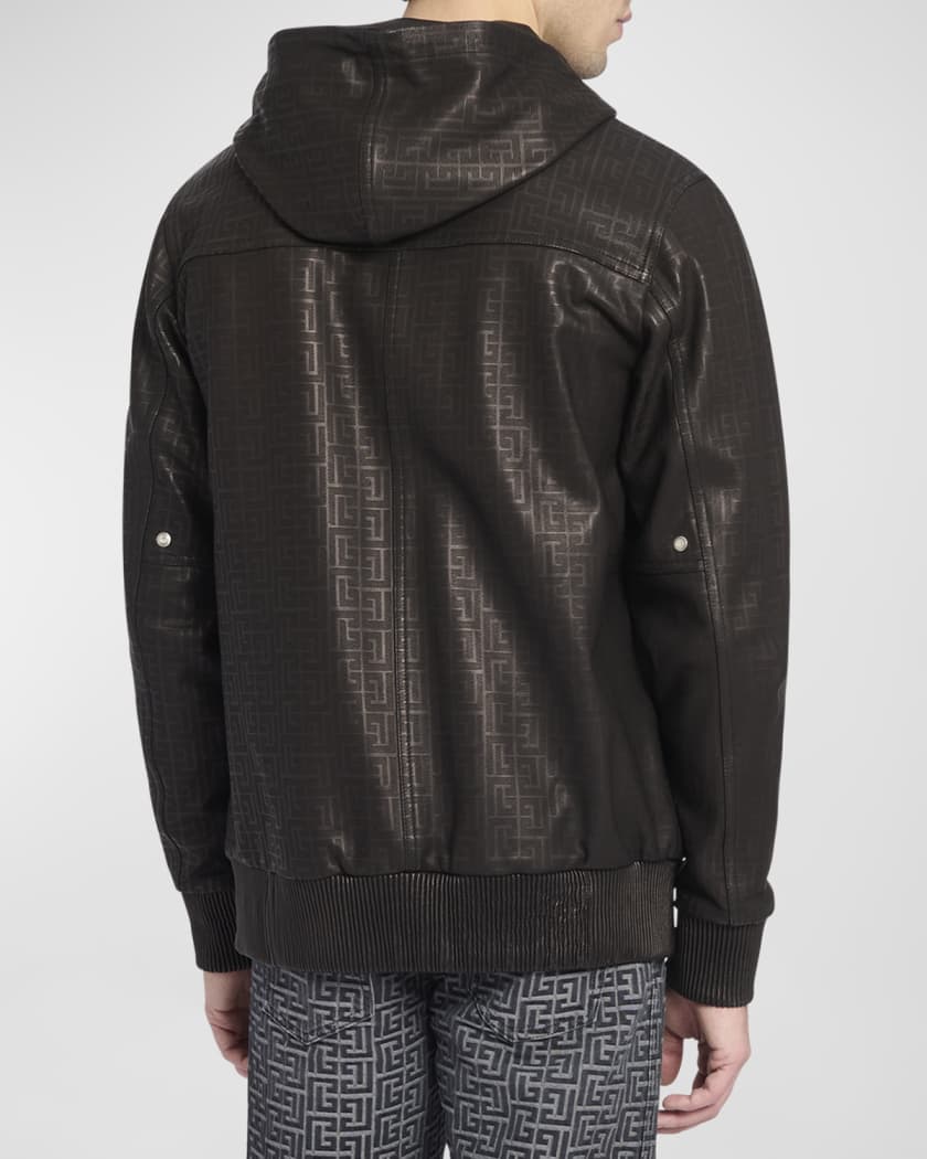 Balmain Men's Monogram Leather Full-Zip Hooded Jacket, Black, Men's, 40R, Coats Jackets & Outerwear Leather Jackets