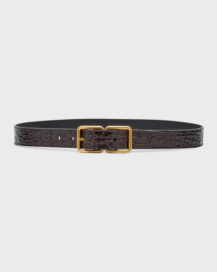 double buckle belt in crocodile-embossed leather