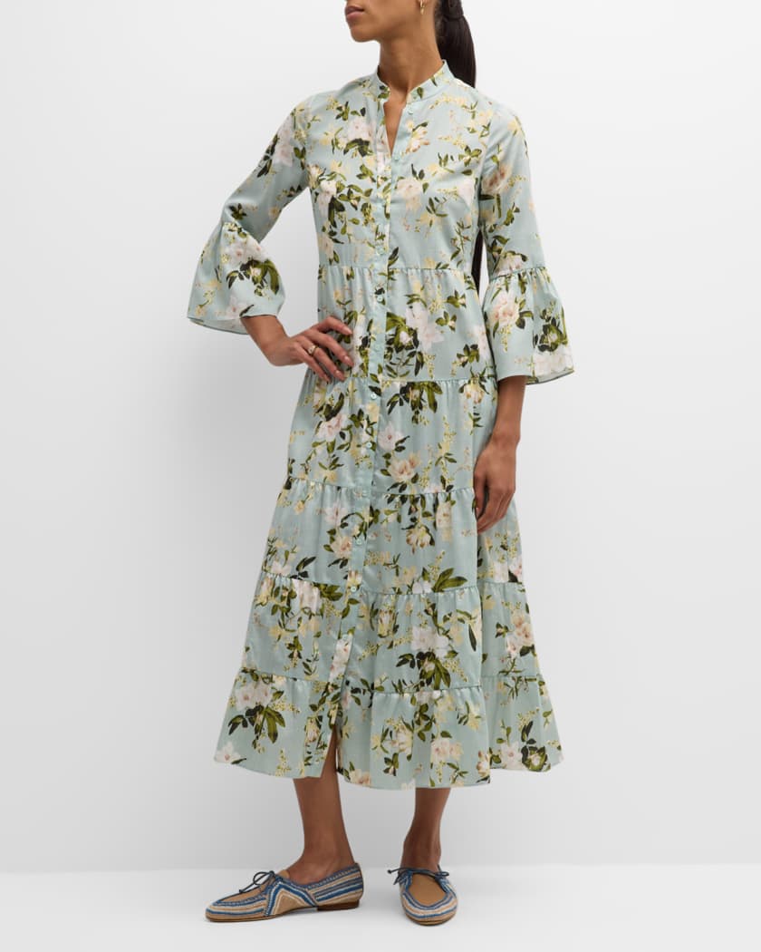 Erdem Floral-Print Ruffle-Sleeve Tiered Midi Dress | Neiman Marcus