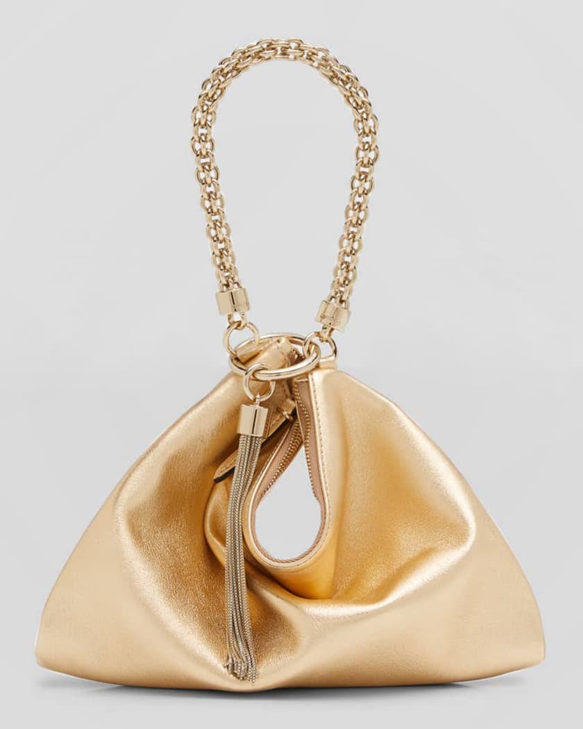 Gold Metallic Leather Clutch Bag With Chain Strap, CALLIE