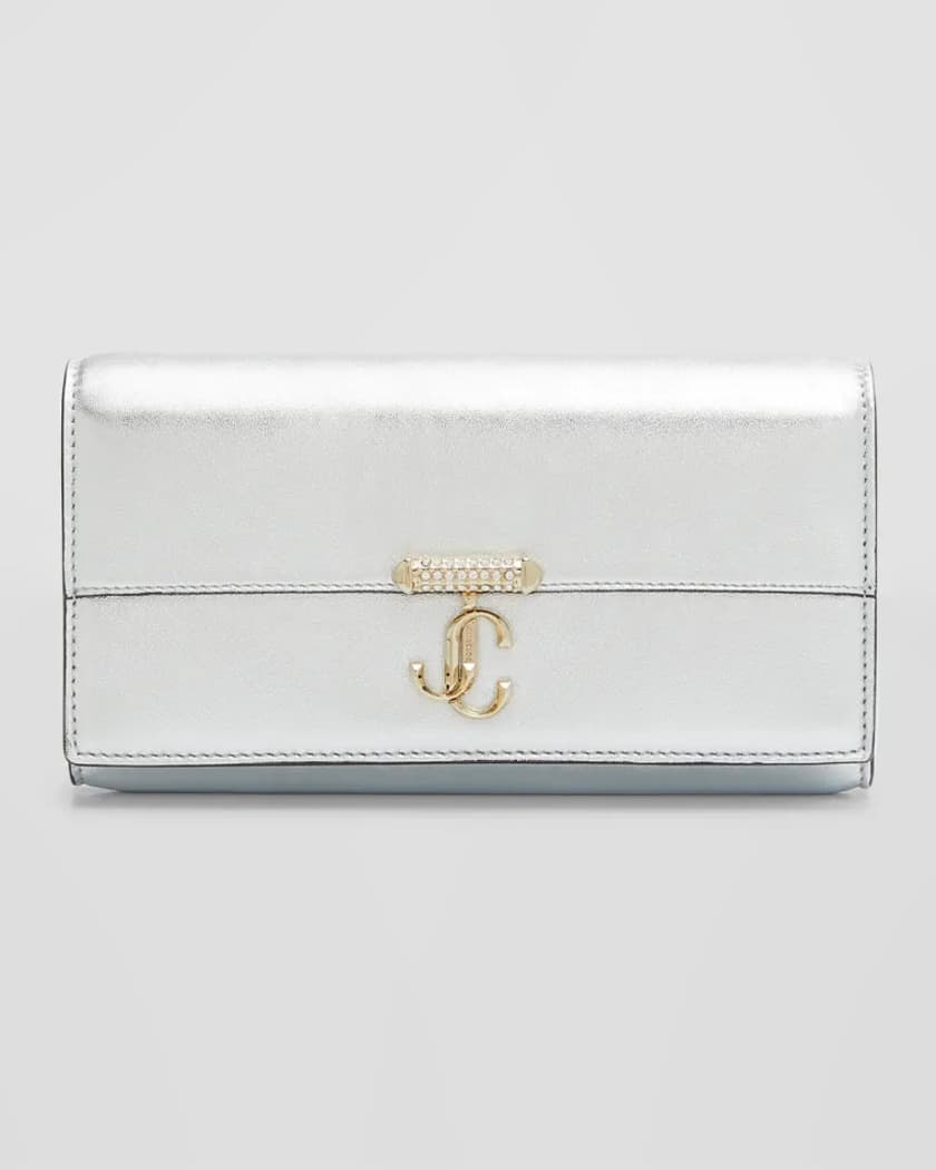 Jimmy Choo Varenne Metallic Leather Wallet with Embellished Strap