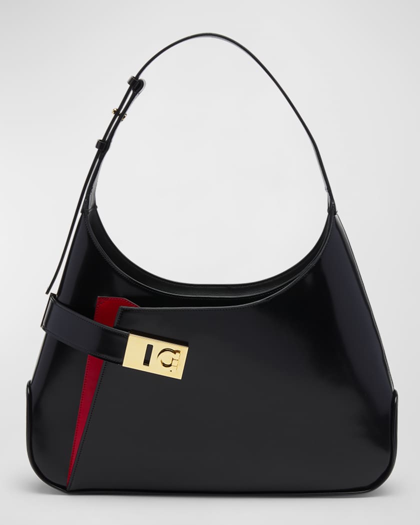 FERRAGAMO: Iconic Top Handle bag in leather with Gancini - Black