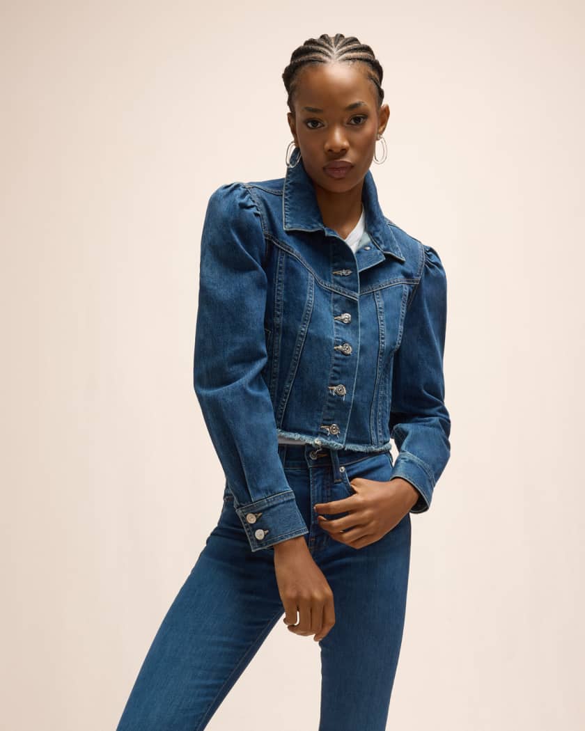 Crop puff shoulder denim jacket discount