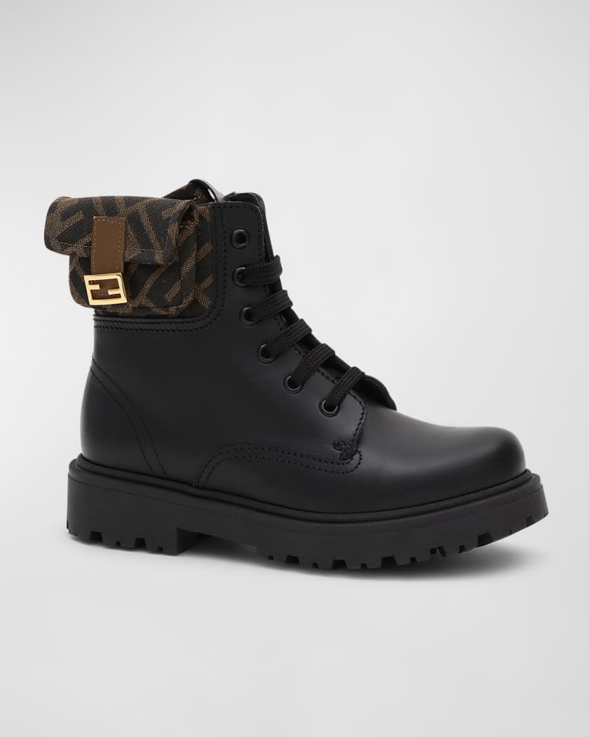 Fendi Girl s FF Monogram Leather Lace Up Boots Neiman Marcus