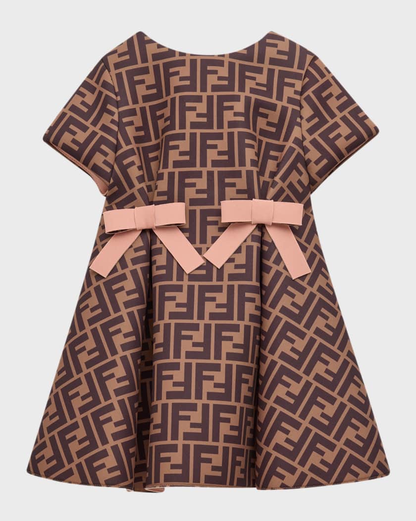 Girl's Monogram-Print Dress W/ Bows, Size 6M-24M