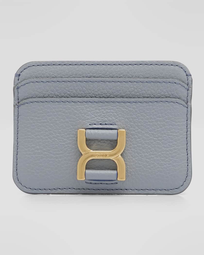 Flap card holder - Grained shiny calfskin & gold-tone metal, gray