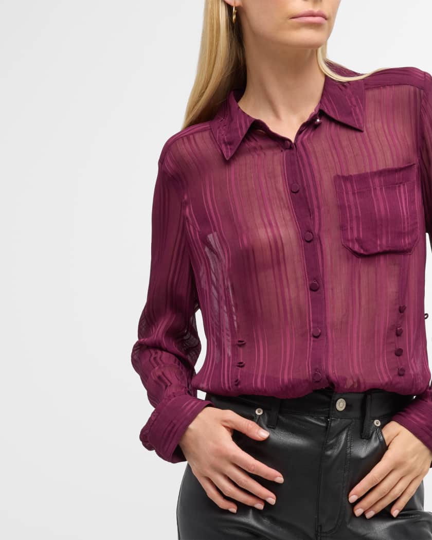 Cinq a Sept Kandice Sheer Stripe Shirred Button-Front Top | Neiman