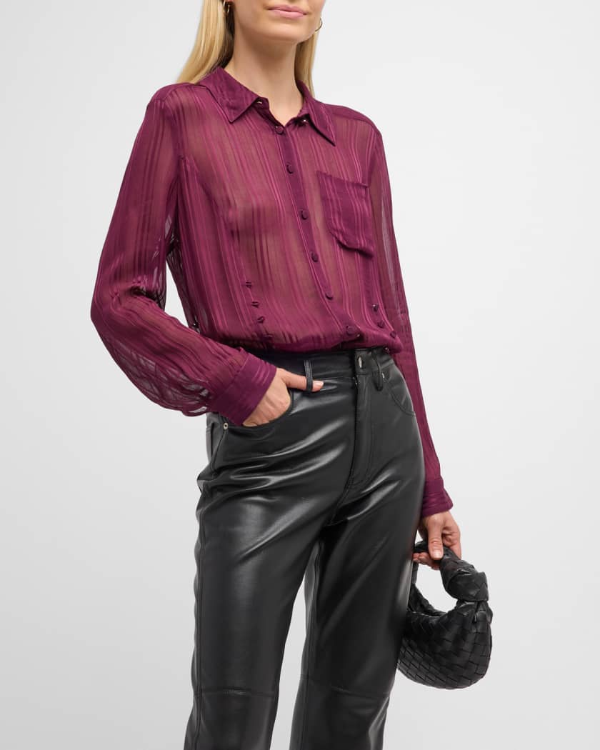 Kandice Sheer Stripe Shirred Button-Front Top