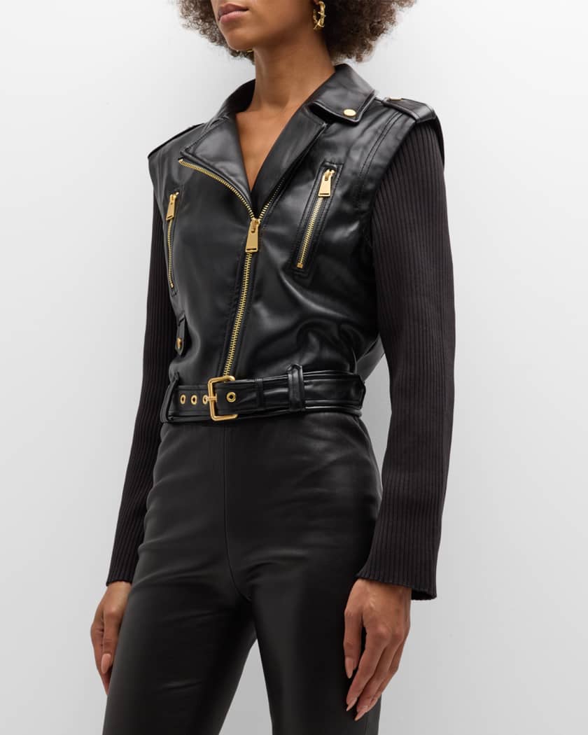 Leather jacket with knit sleeves discount