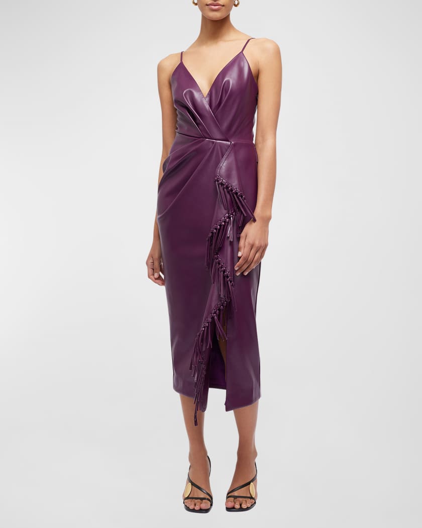Carlee Vegan Leather Fringe Faux Wrap Midi Dress
