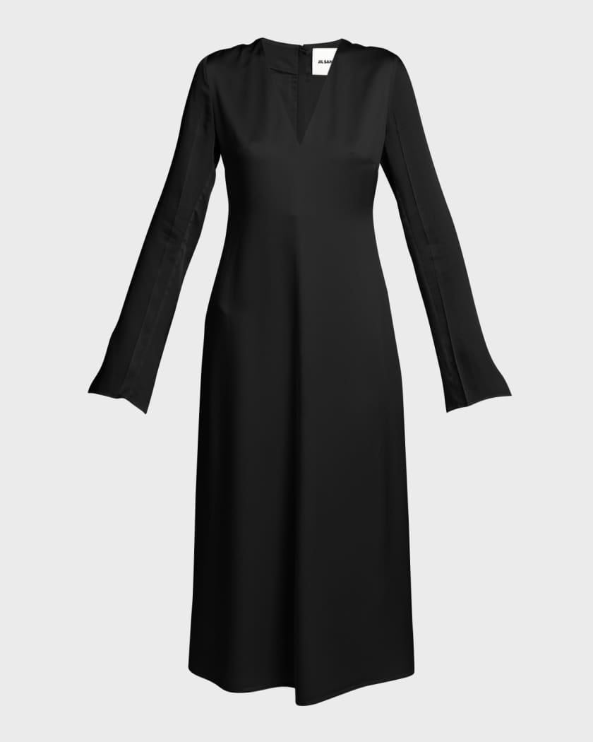 Jil Sander V-Neck Long-Sleeve Satin Midi Dress | Neiman Marcus