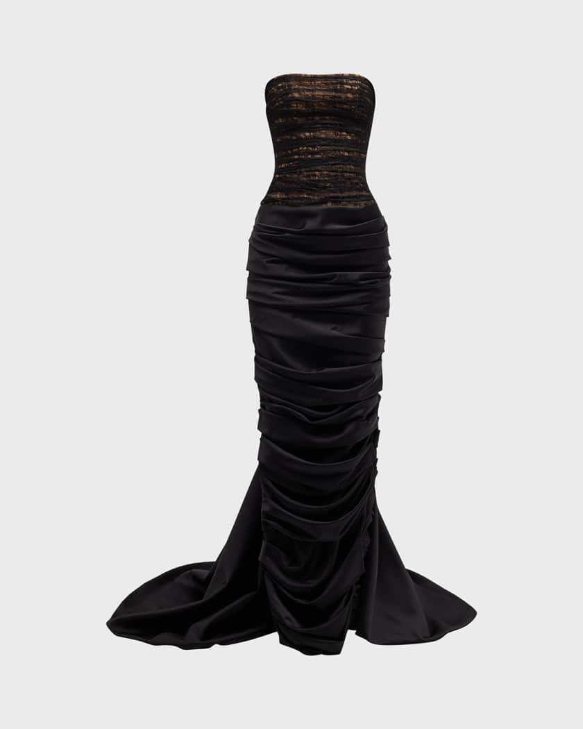 Rasario Mixed-Media Draped Strapless Gown With Train