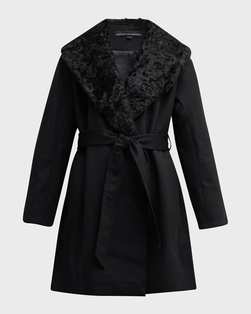 Cashmere Belted Wrap Coat with Curly Shearling Collar