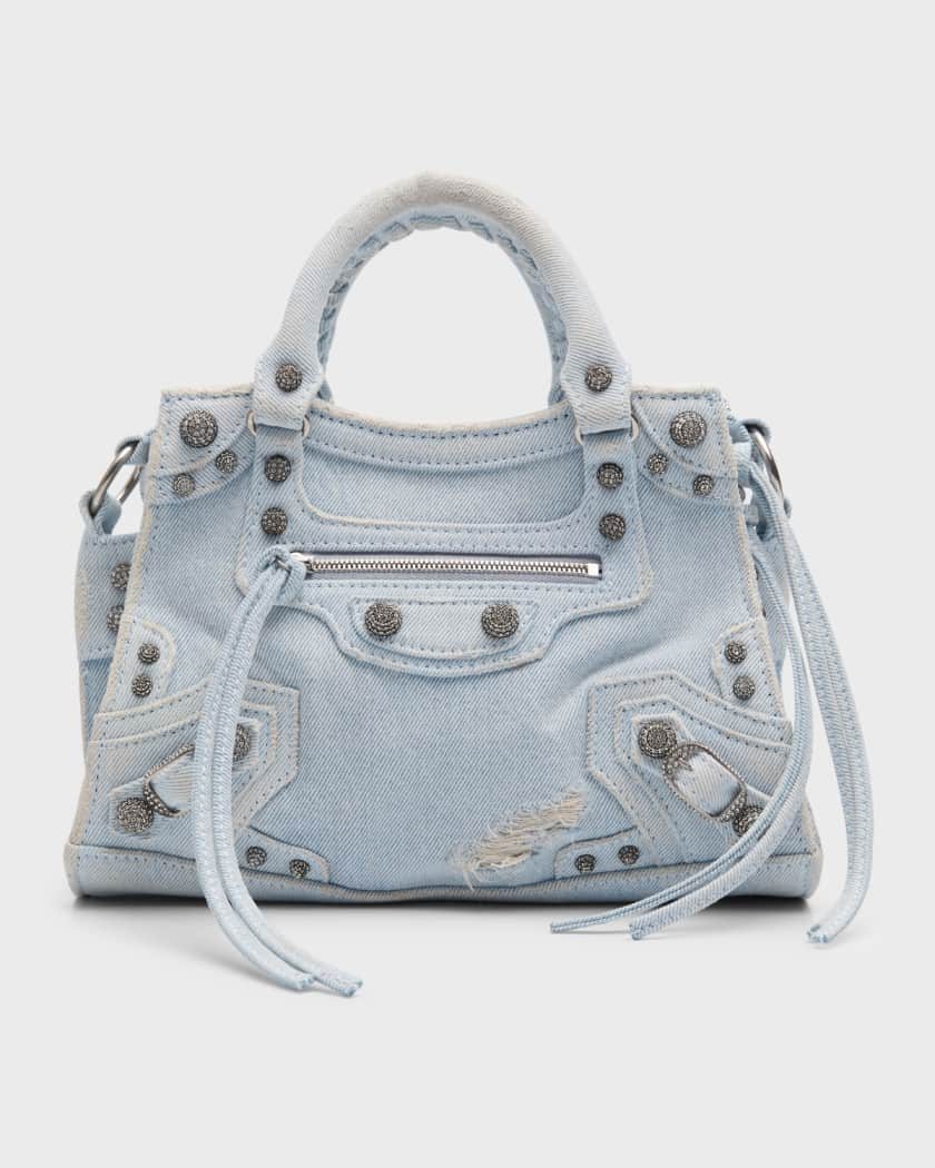 Hourglass small denim-effect printed leather tote