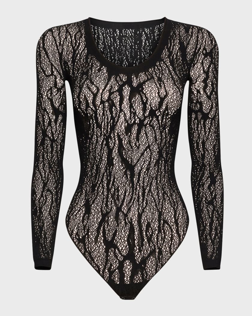 Wolford Long-Sleeve Snakeskin Lace Thong Bodysuit