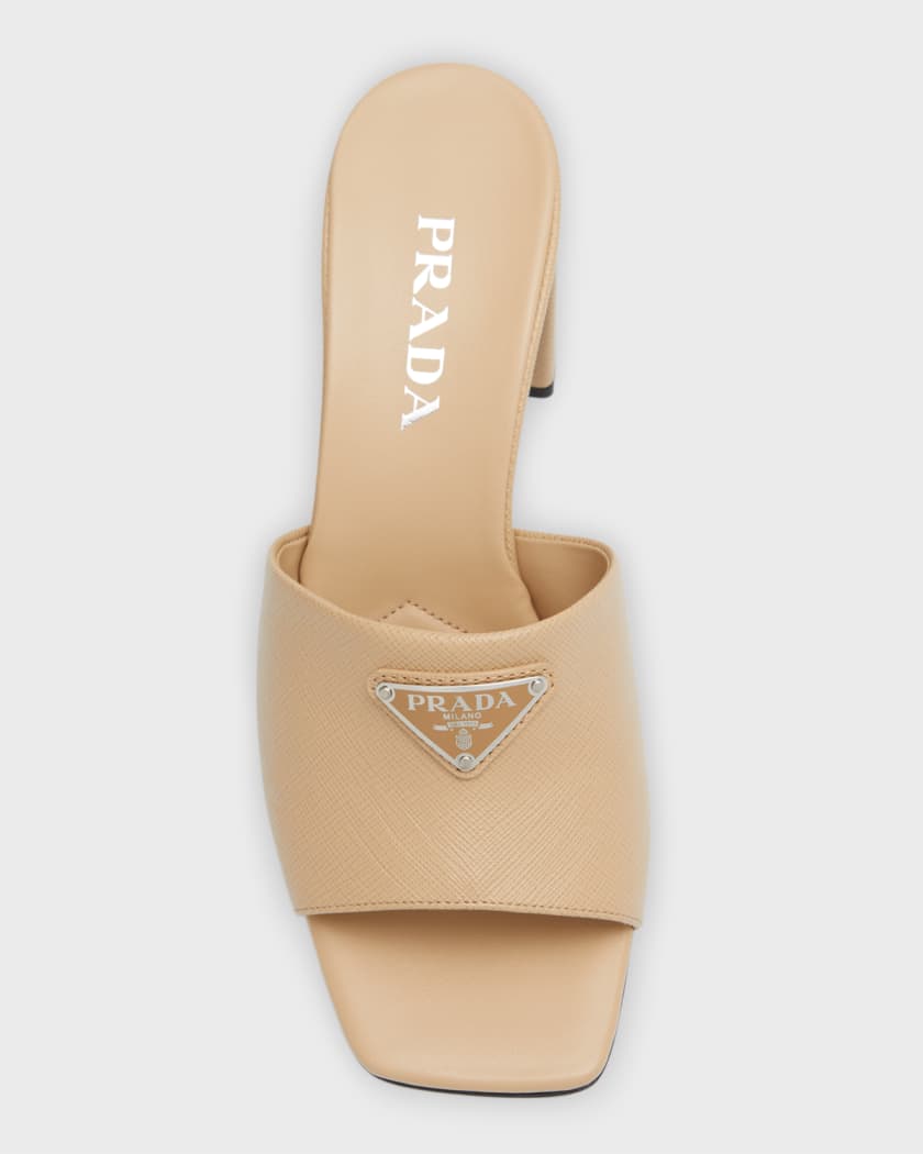 Prada 65mm Saffiano Leather Block-Heel Mule Sandals