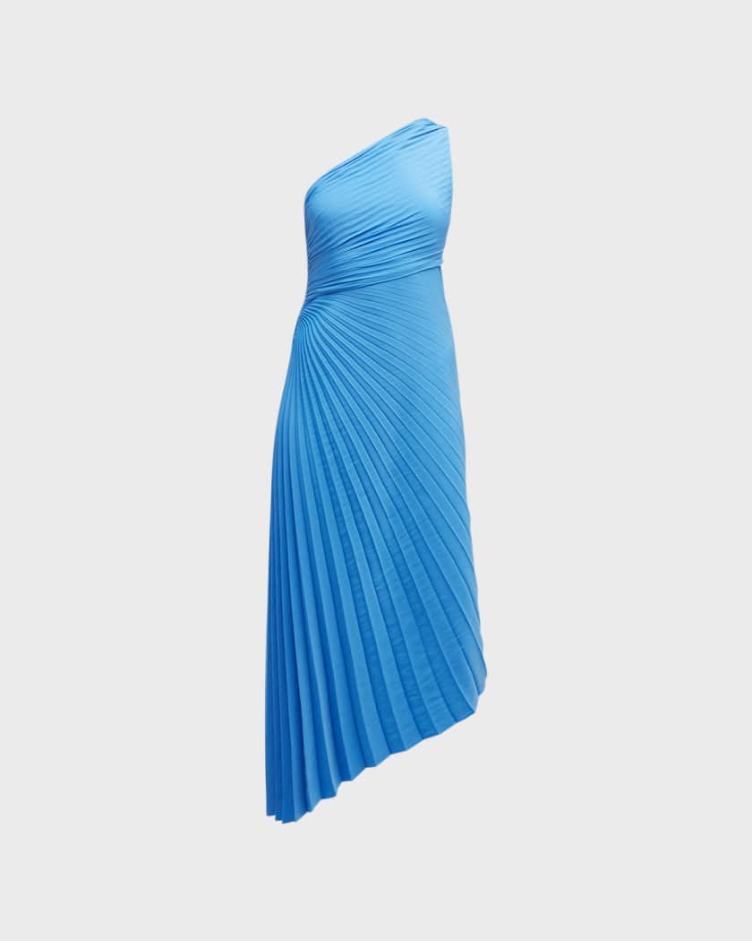 Delfine Pleated One-Shoulder Asymmetric Midi Dress