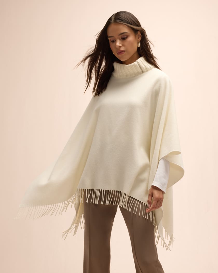 Houndstooth Turtleneck Fringe Hem Poncho