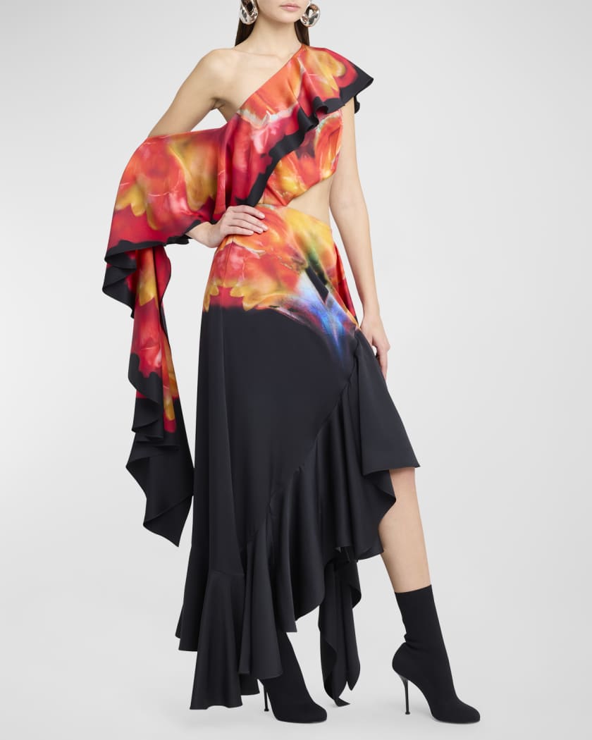 Leaf print asymmetric store choker neck midi dress