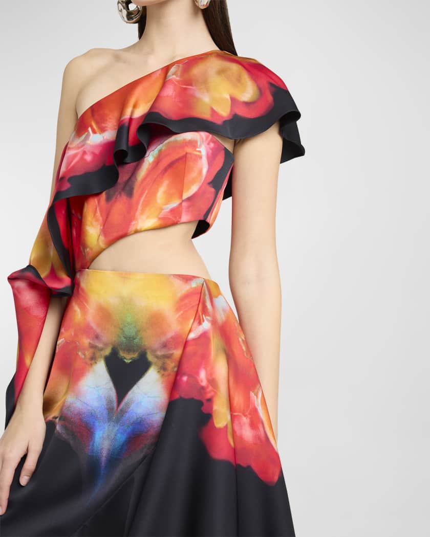 Leaf print asymmetric online choker neck midi dress