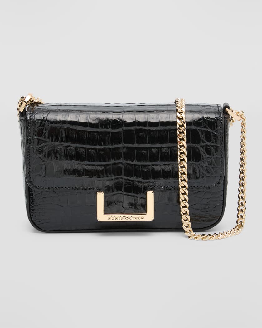 Black chain handbag, Crocodile, Glazed, Gold. SMALL MIA – MARIA OLIVER