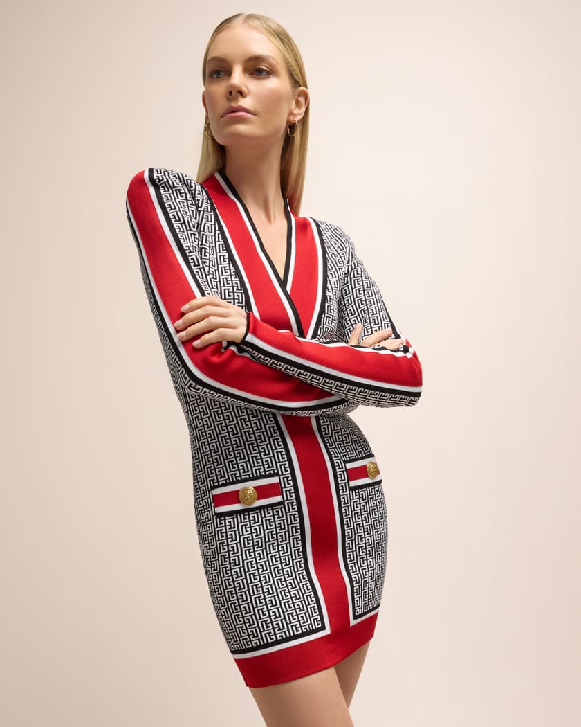 Hensigt Premonition Elastisk Balmain V-Neck Monogram Knit Strong-Shoulder Mini Dress | Neiman Marcus