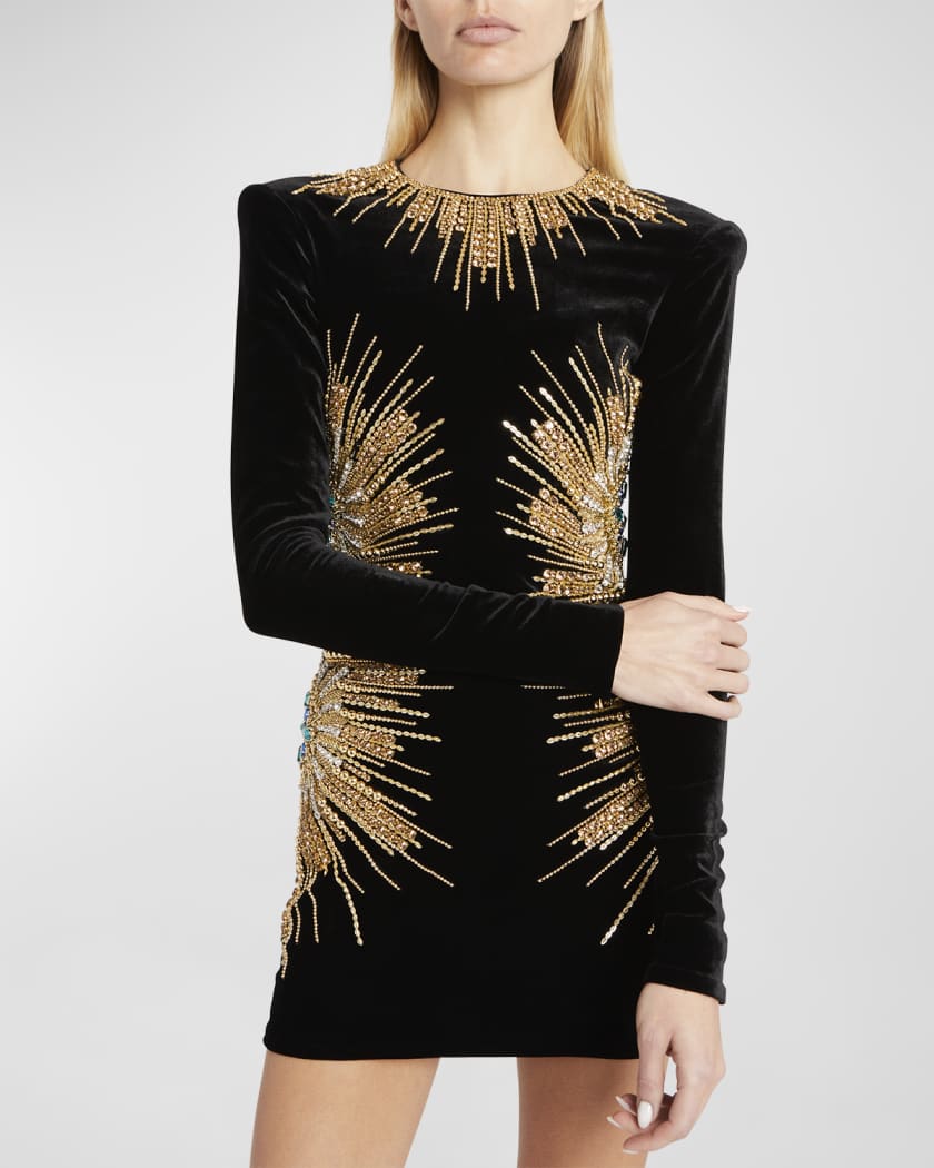 vokal bekræft venligst Tectonic Balmain Embroidered Velvet Long-Sleeve Mini Dress | Neiman Marcus