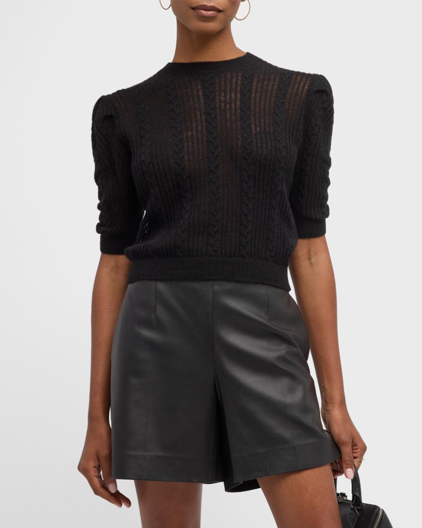 FRAME Pointelle Cashmere Ruched-Sleeve Sweater | Neiman Marcus