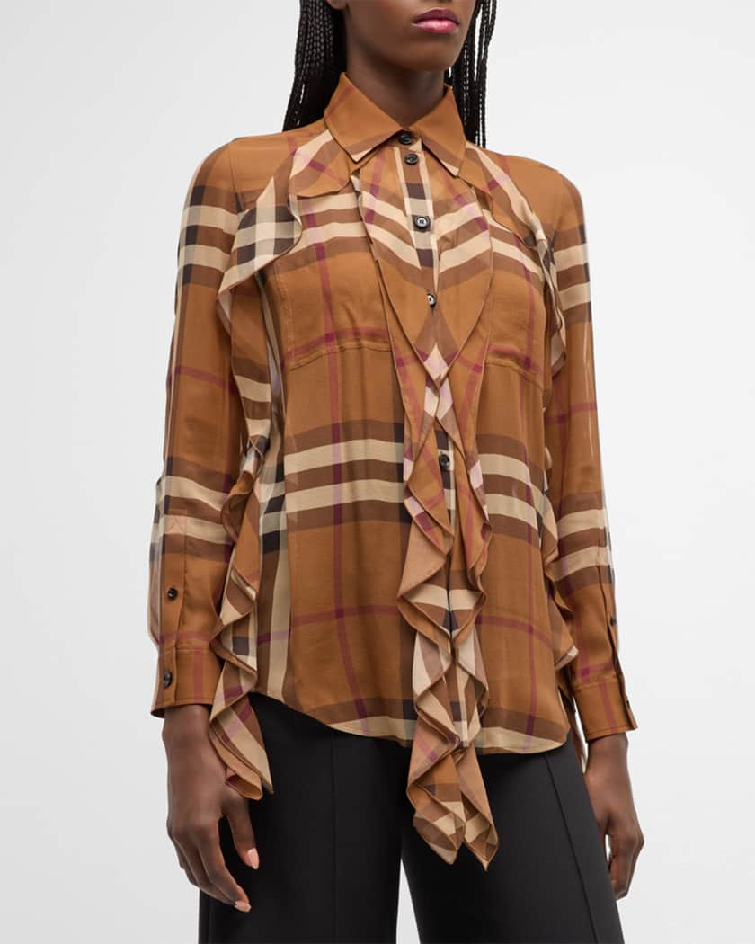 Burberry Freddy Check Ruffle Silk Collared Shirt | Neiman Marcus