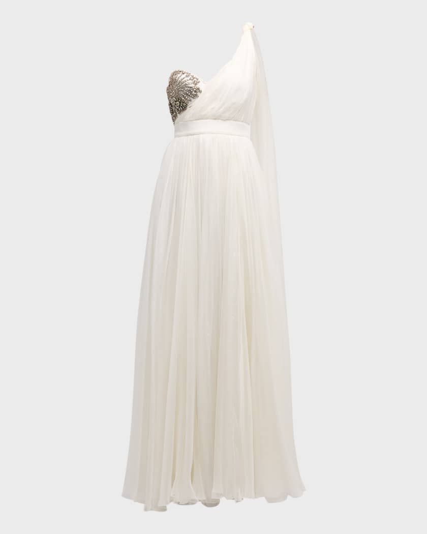 Alexander McQueen Victorian Embellished One Shoulder Cape Chiffon