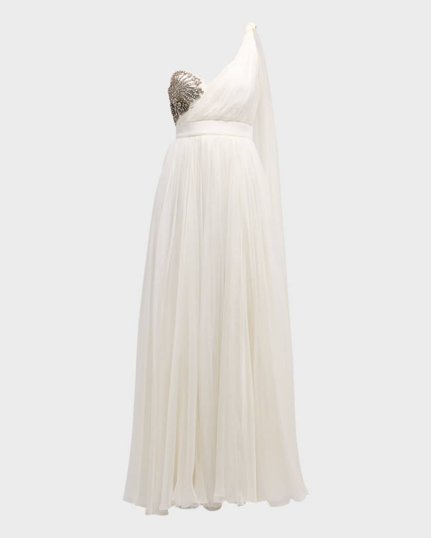 Victorian Embellished One-Shoulder Cape Chiffon Gown