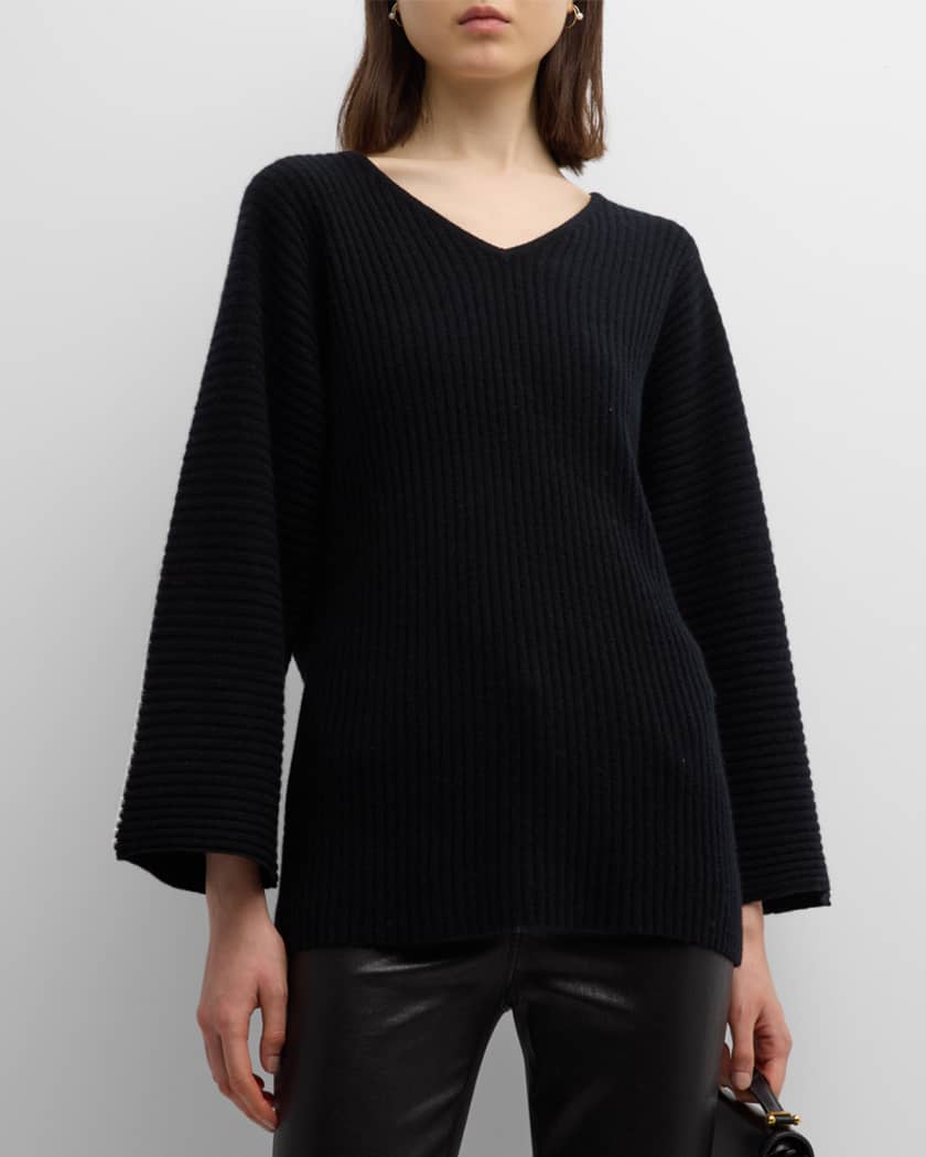 Cashmere Ribbed V Neck Sweater with Whipstitch Detail